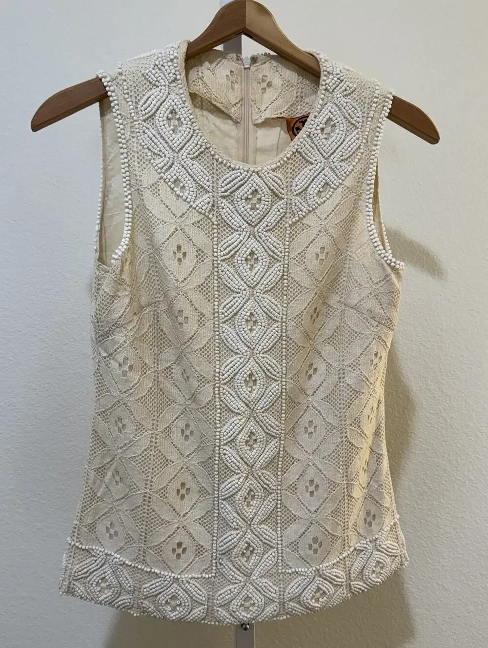 Tory Burch Women's Size 2 Heavily Beaded Lace Sleeveless Cotton Linen Blouse